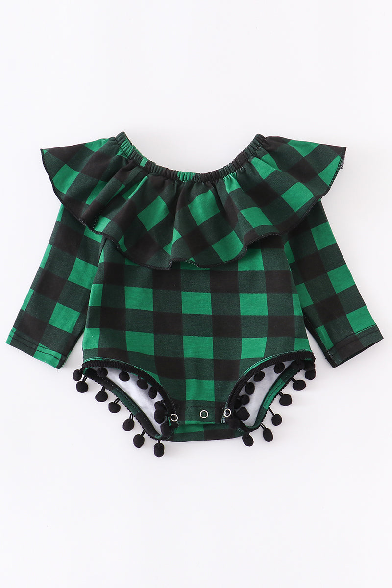 Green check ruffle baby romper