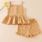 Beige linen ruffle 2pc girl set