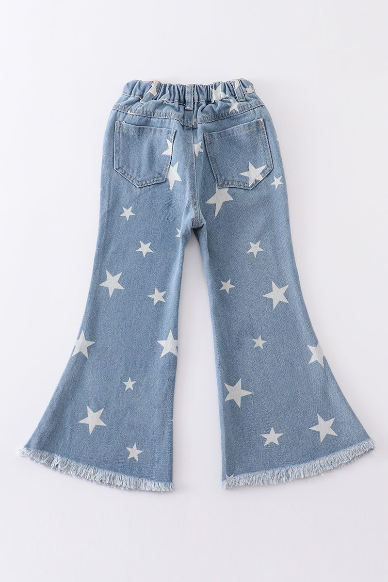 Blue star print flare denim jeans