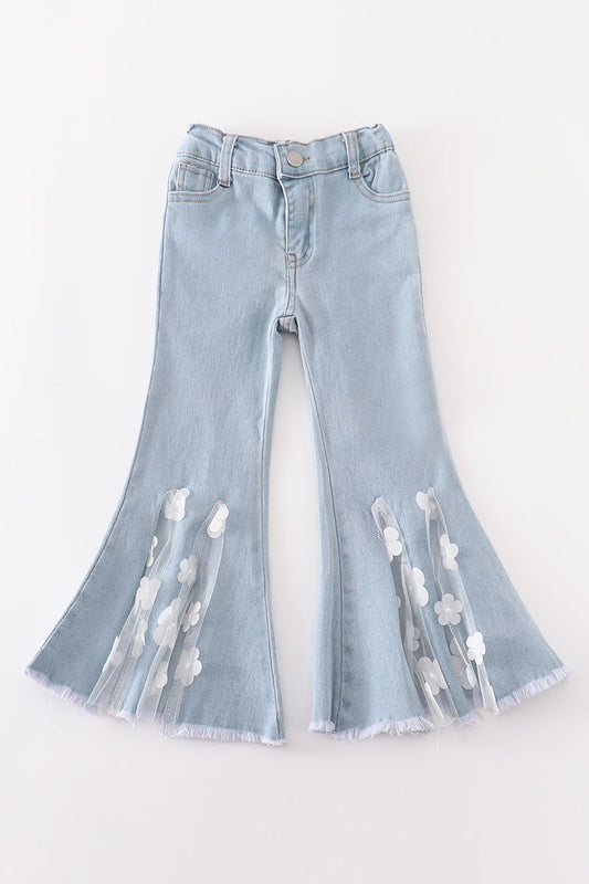 Blue open front lace denim jeans