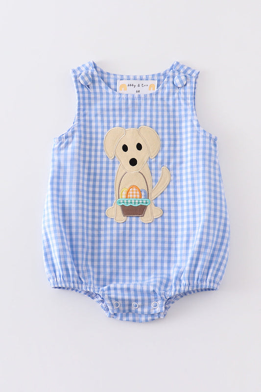 Premium Blue plaid dog applique boy bubble