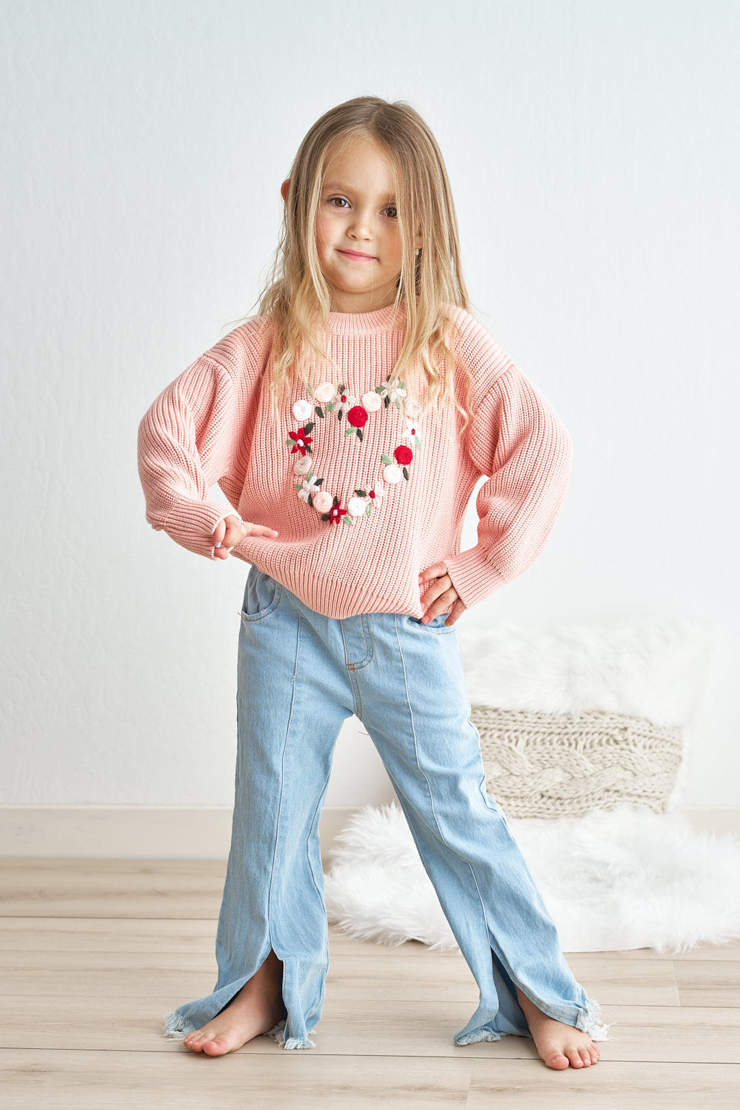 Pink heart floral hand-embroidered oversized sweater