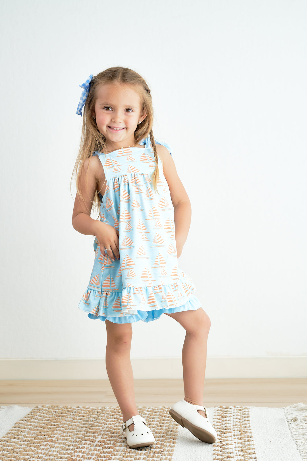 Blue sailboat print ruffle girl set