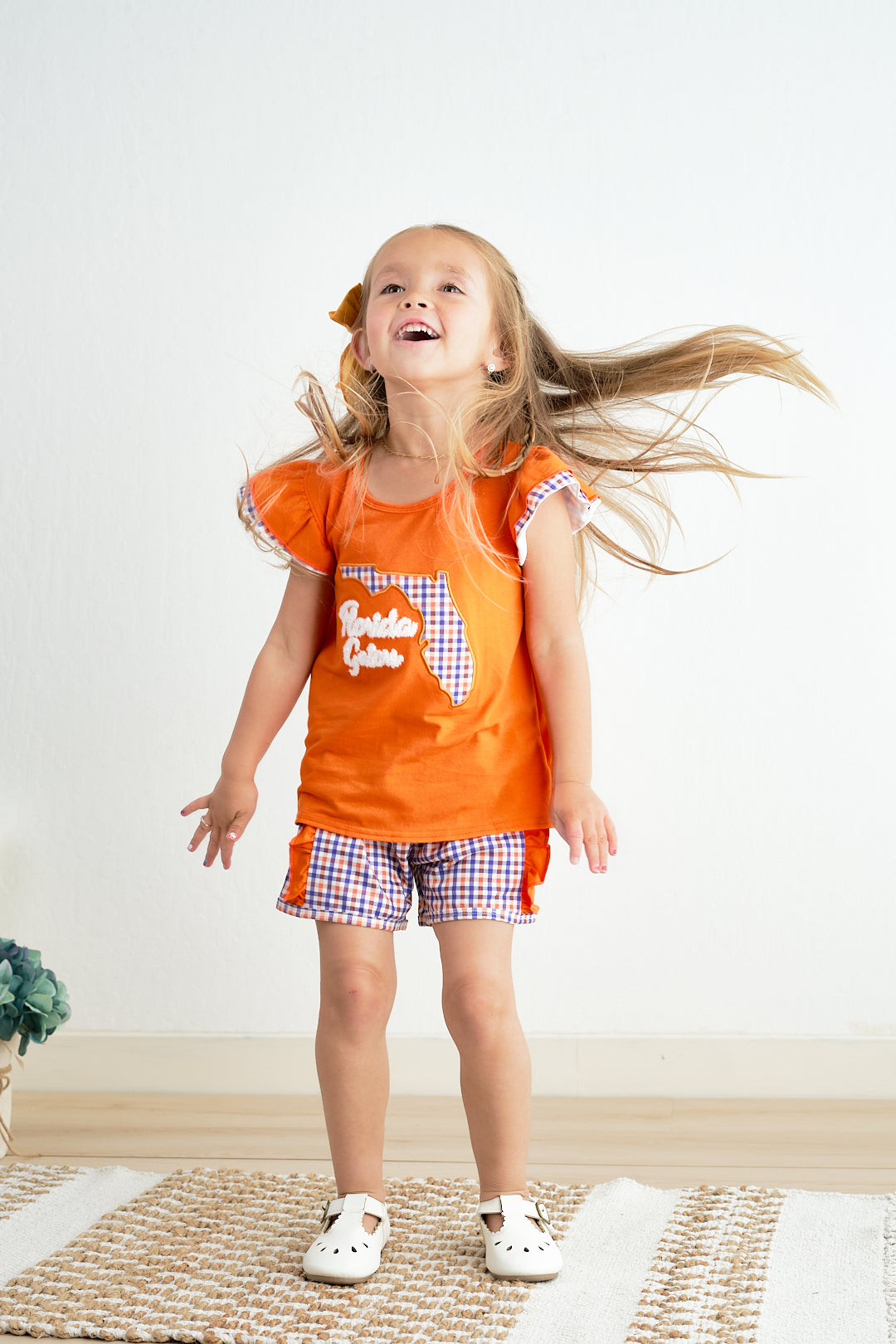 Orange florida french knot ruffle girl set