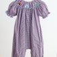 Purple castle hand smocked gingham girl romper