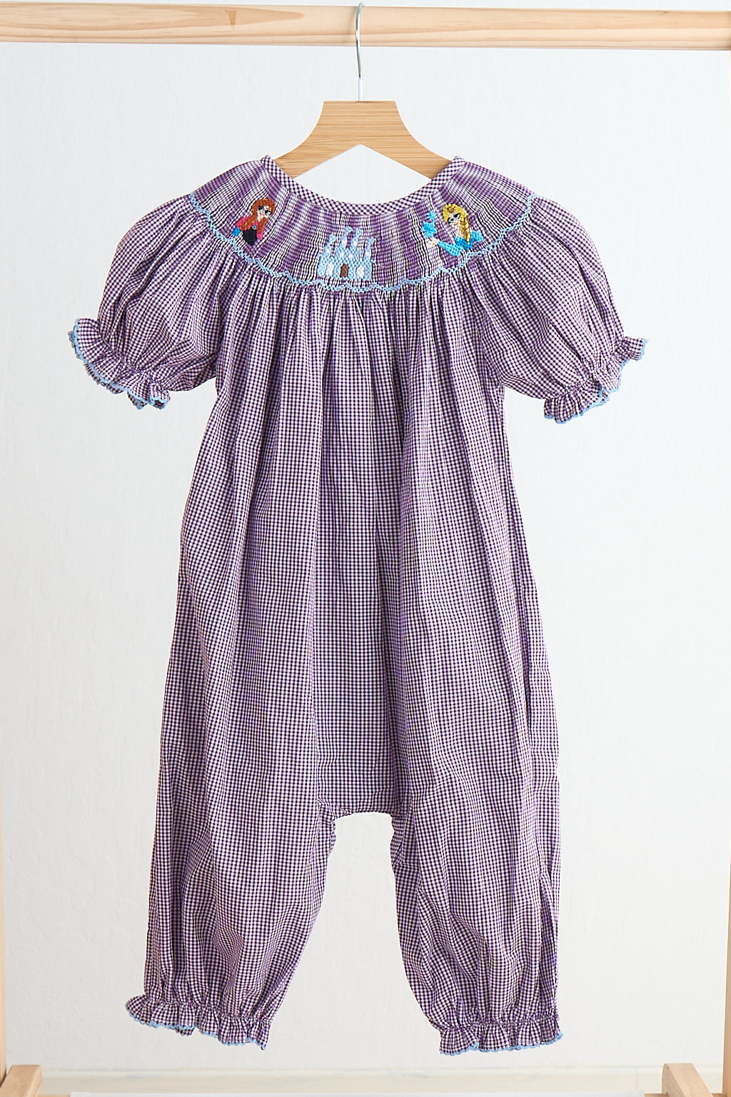 Purple castle hand smocked gingham girl romper