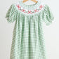 Green bow tie hand smocked gingham dress