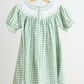 Green bow tie hand smocked gingham dress