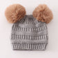 Light grey double pompom cable beanie