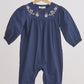 Navy floral embroidery linen girl romper