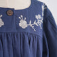 Navy floral embroidery linen girl dress