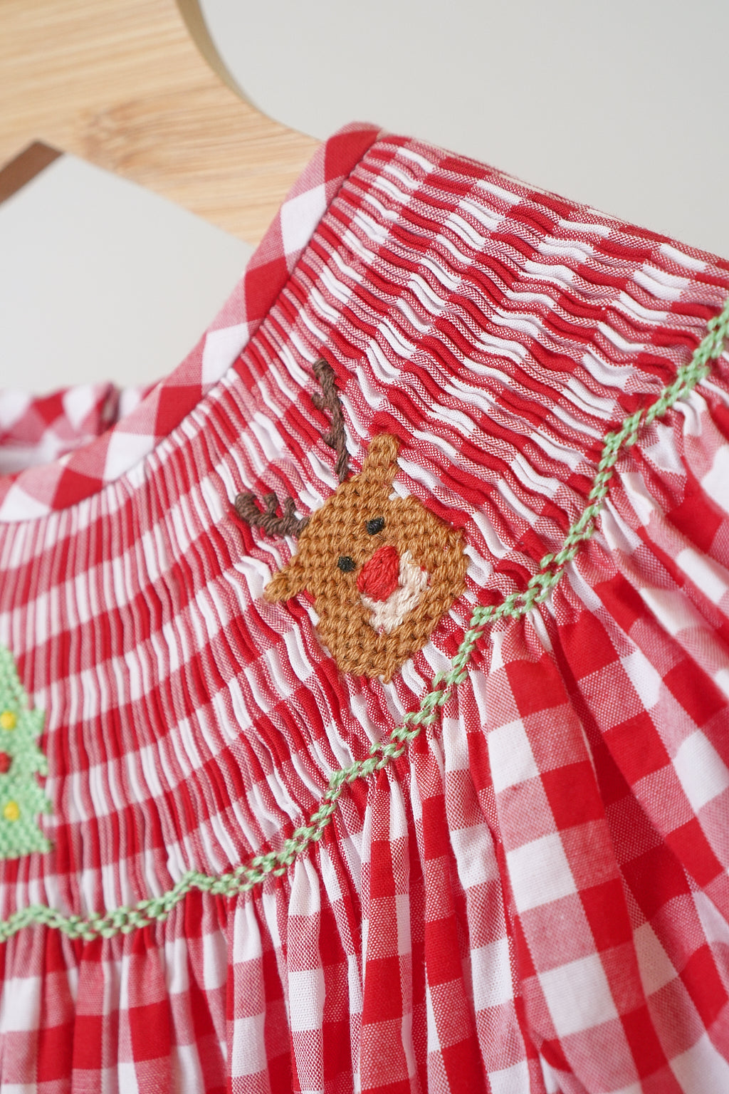 Red christmas santa tree reindeer hand smocked gingham dress