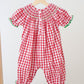 Red chrismtas santa tree reindeer hand smocked gingham romper