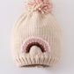 Rainbow hand embroidered pom pom beanie hat