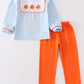 Blue plaid pumpkin embroidery boy set