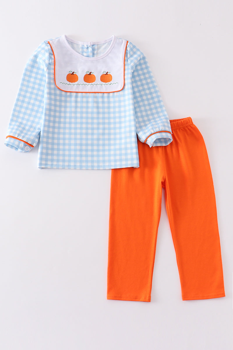 Blue plaid pumpkin embroidery boy set