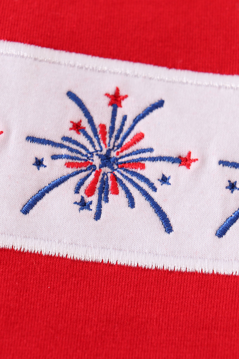 Red firework patriotic embroidery print boy set