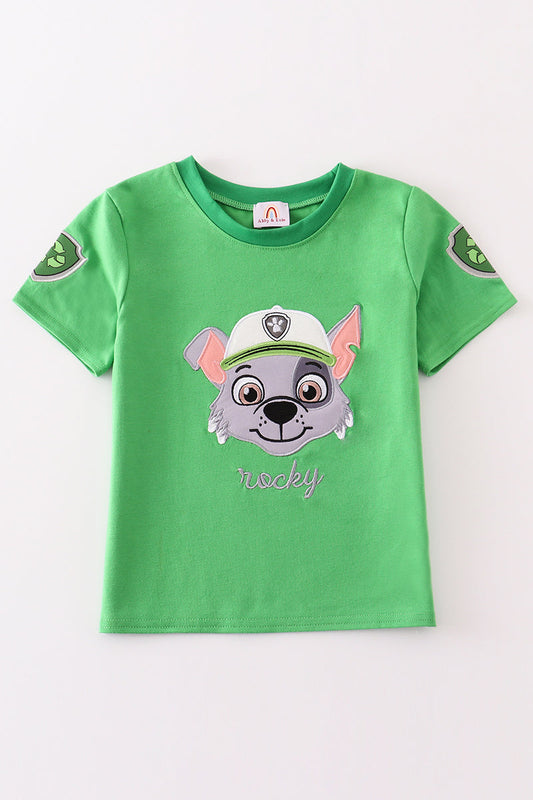 Green character applique boy top