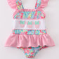 Pink floral print character applique girl swimsuit