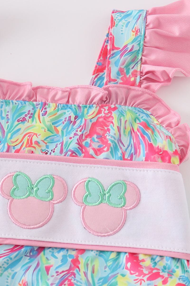 Pink floral print character applique girl swimsuit