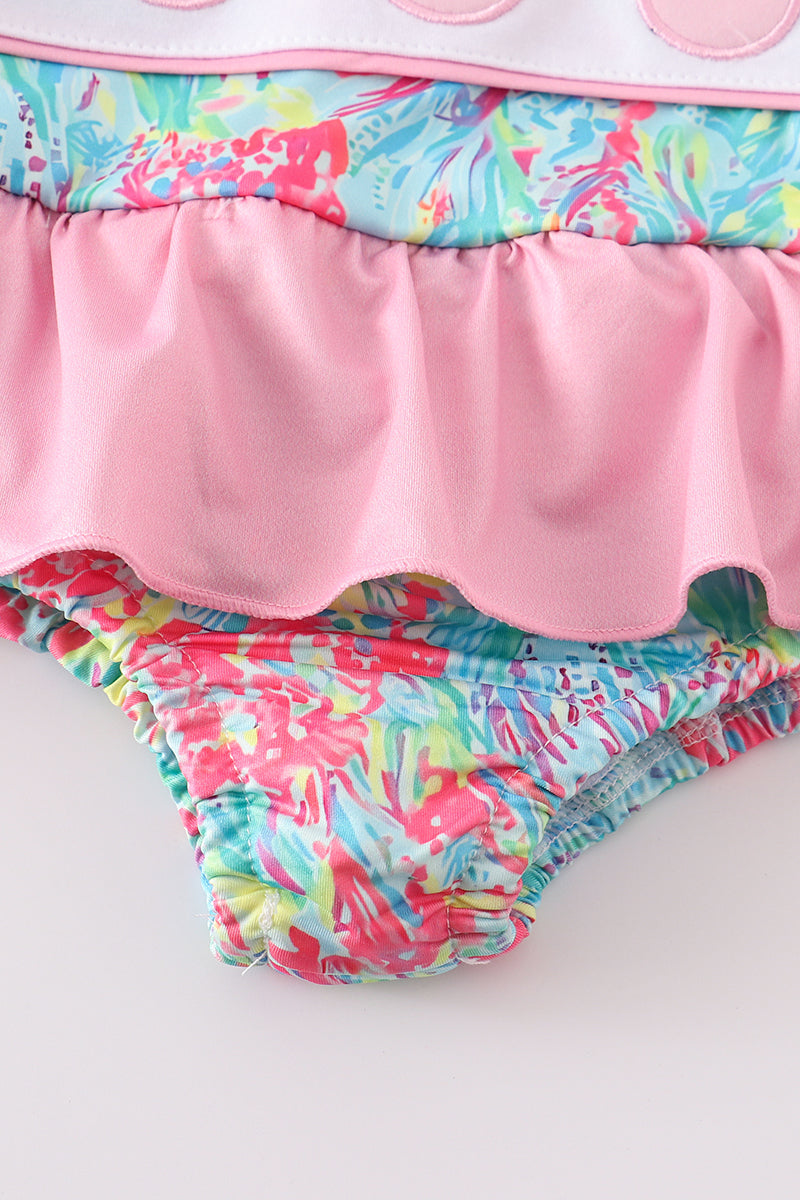 Pink floral print character applique girl swimsuit