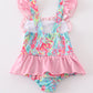 Pink floral print character applique girl swimsuit