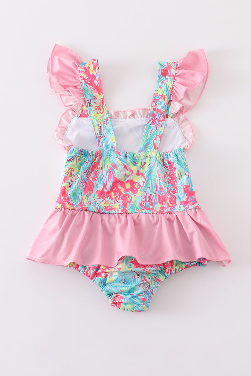 Pink floral print character applique girl swimsuit