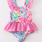 Pink floral print smocked one-piece girl swimsuit