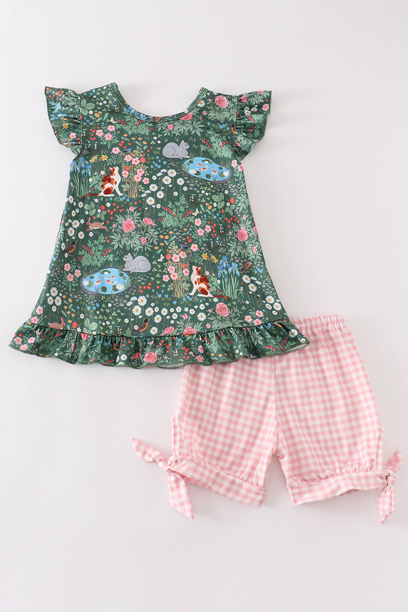 Green floral cat ruffle set