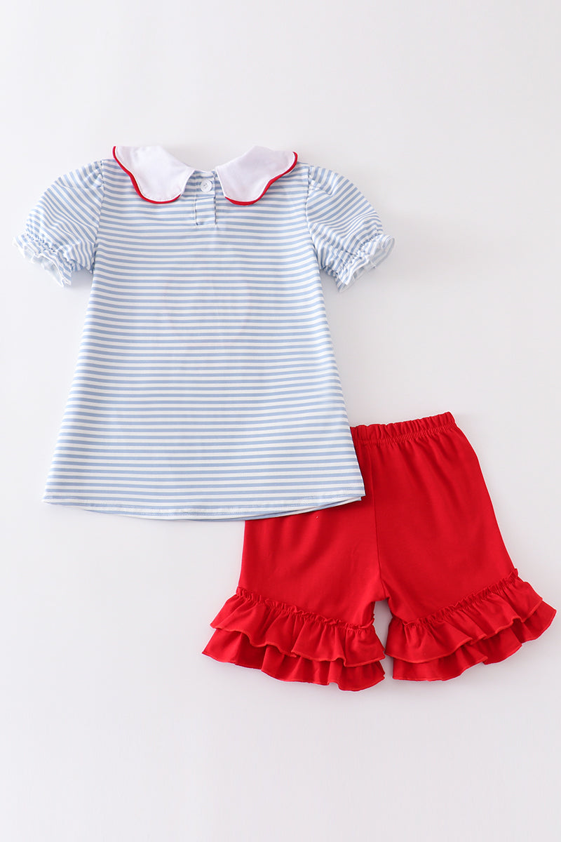 Blue stripe apple applique girl set