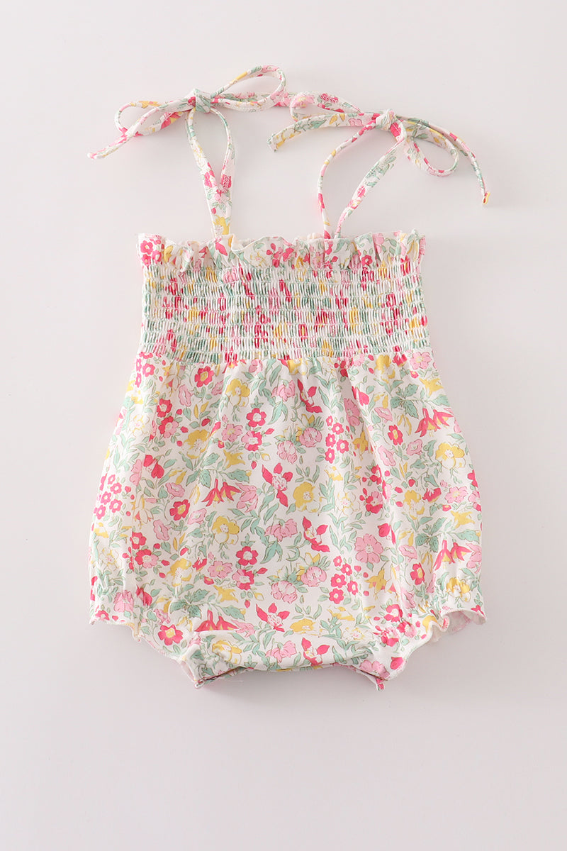 Pink floral print smocked girl bubble