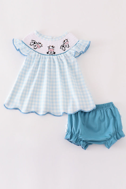 Blue gingham cow embroidery smocked baby set