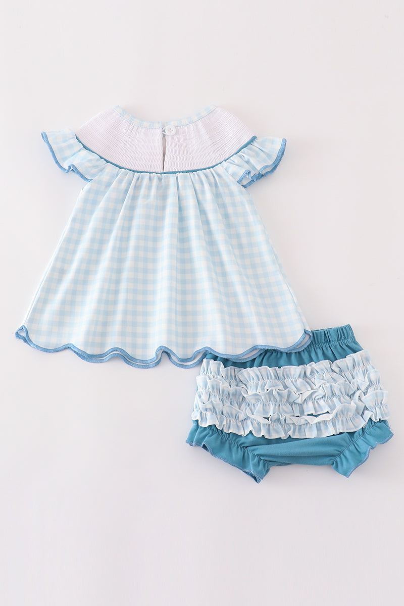 Blue gingham cow embroidery smocked baby set