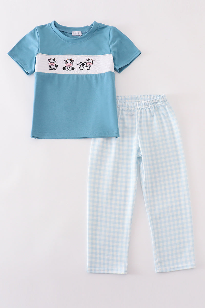 Blue gingham cow embroidery smocked boy set