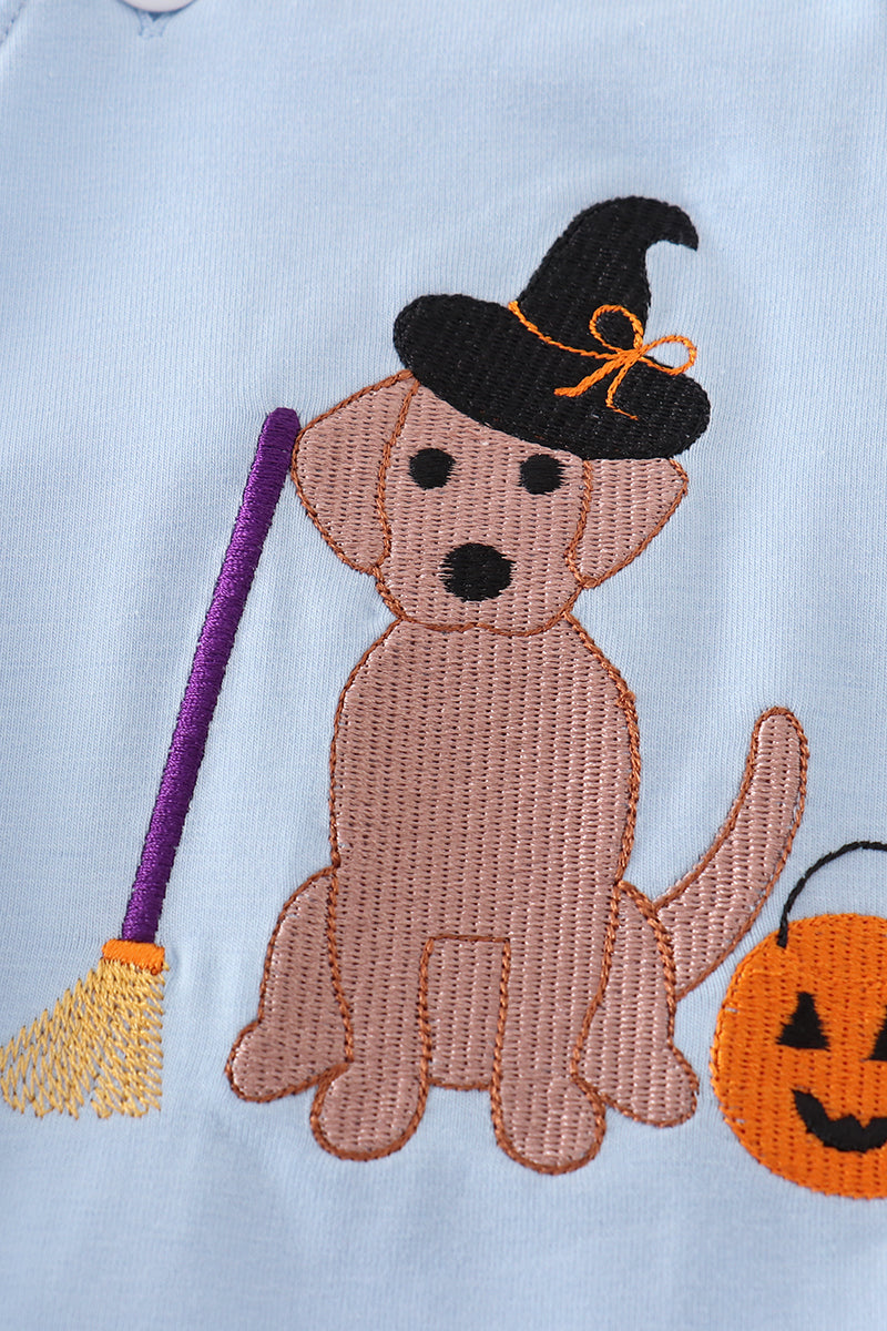 Blue halloween witch dog embroidery girl bubble