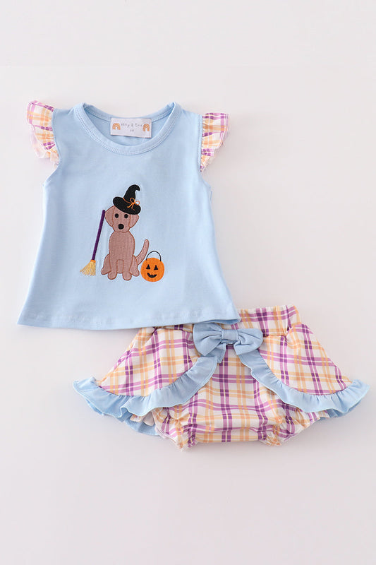 Blue halloween witch dog embroidery baby girl set