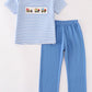 Blue construction trucks embroidery stripe boy pants set