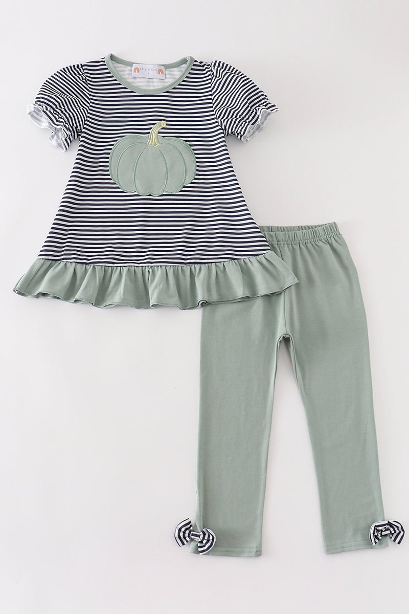 Sage pumpkin applique stripe girl set