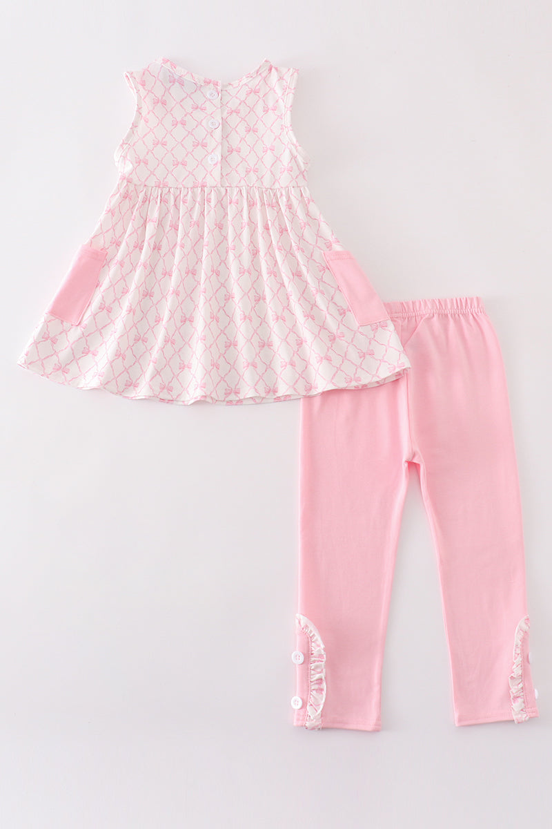 Pink bow embroidery girl set