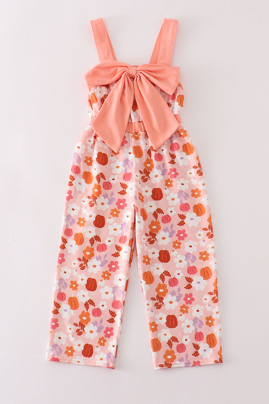 Pumpkin floral print bow girl jumpsuit