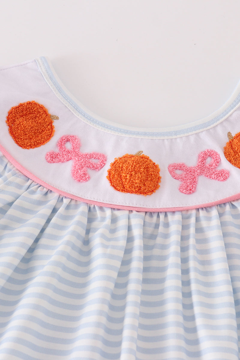 Blue stripe pumpkin french knot girl set