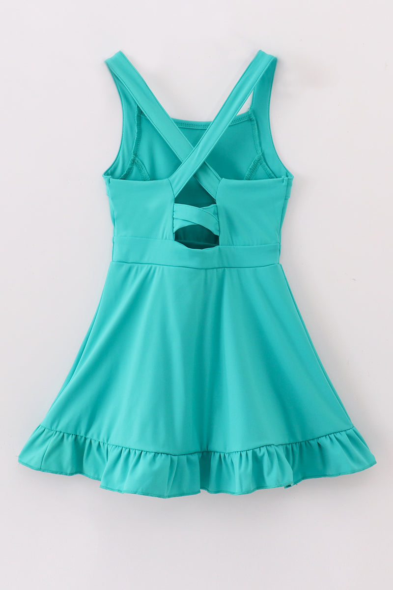 Green active sporty ruffle tennis dress