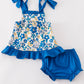 Blue floral print ruffle baby bloomers set