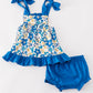 Blue floral print ruffle baby bloomers set