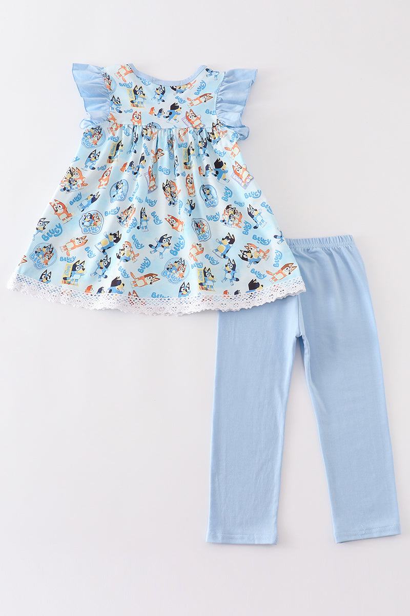 Blue character girl ruffle pants set