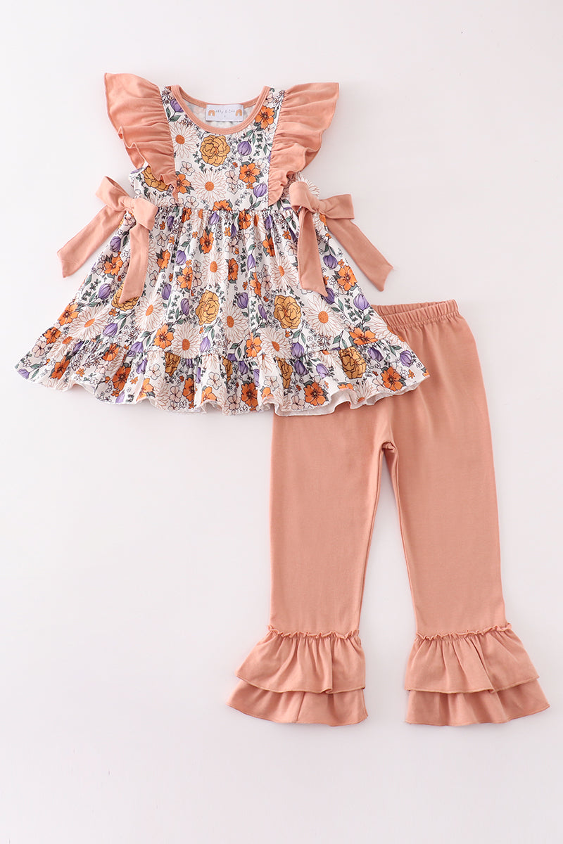 Coral floral print ruffle girl set