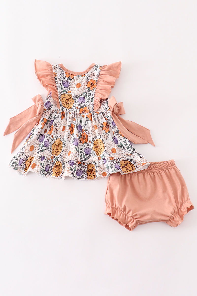 Coral floral print baby ruffle set