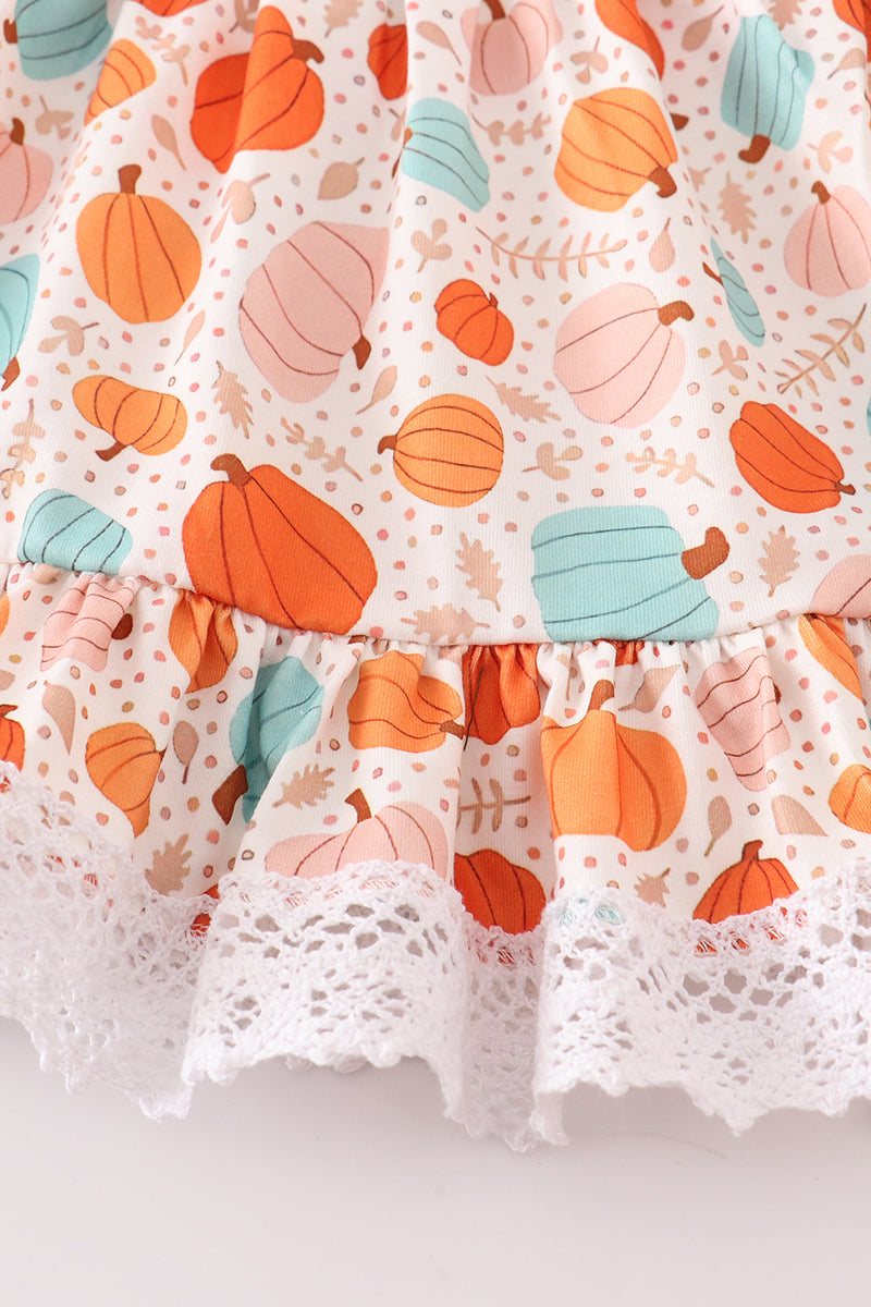 Orange pumpkin print ruffle bloomer set