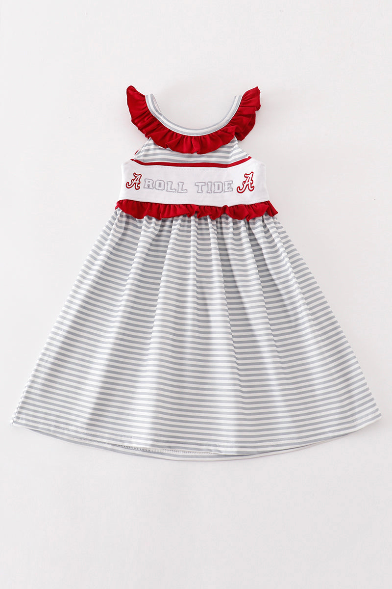 Maroon ROLL TIDE embroidery stripe dress