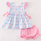 Pink bow print ruffle baby bloomers set